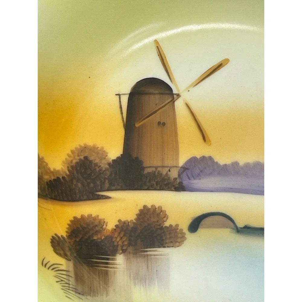 Meito China Hand Painted Windmill Landscape Porcelain Bowl Japan Vintage